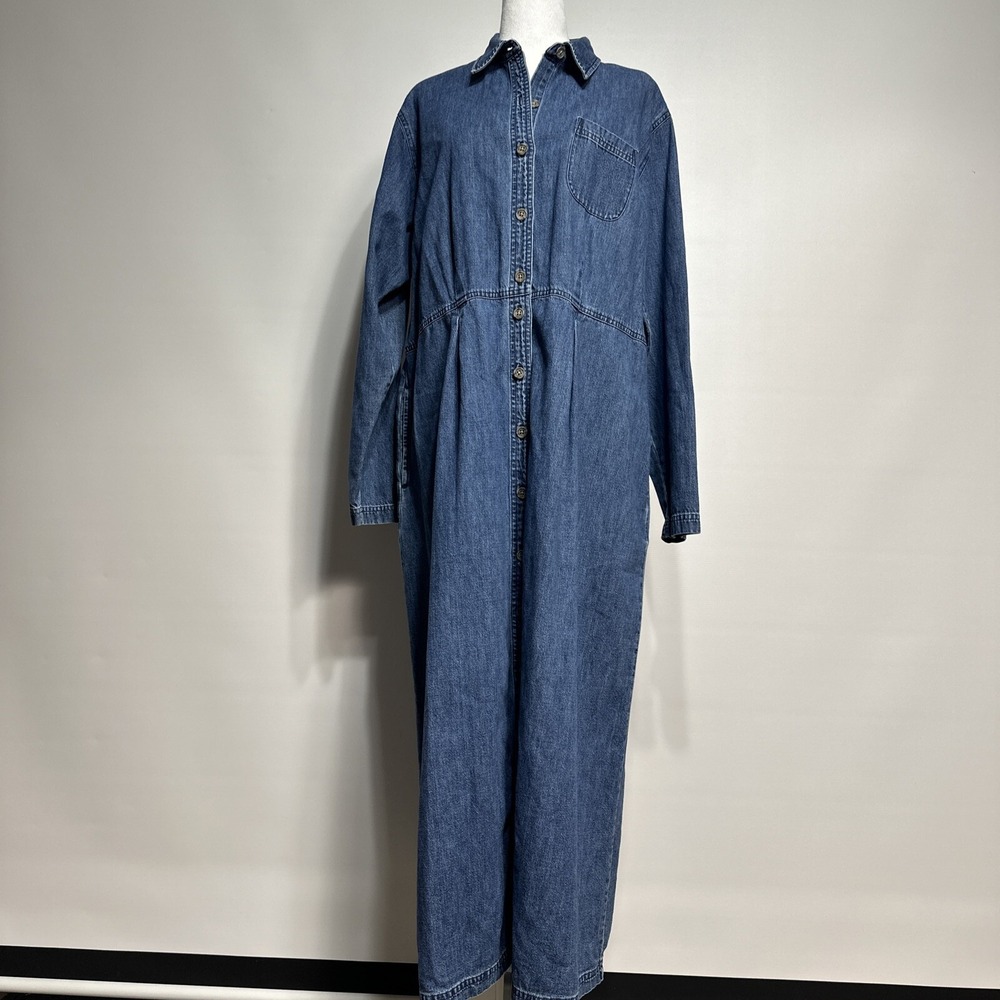 L.L. Bean Vintage Jean Dress Midi Denim 20 Long Sleeve Shirt Cottagecore Pockets